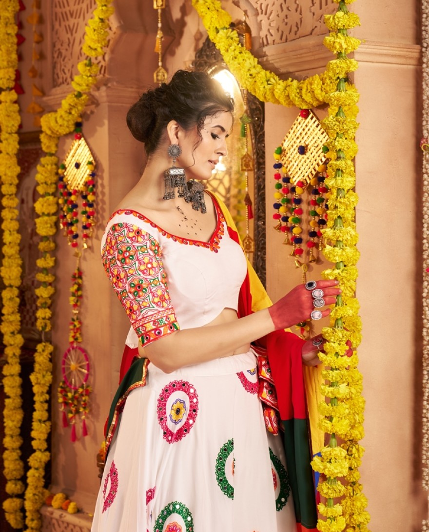 11014 - Pretty White Mirror Work Navratri Wear Lehenga Choli With Dupatta